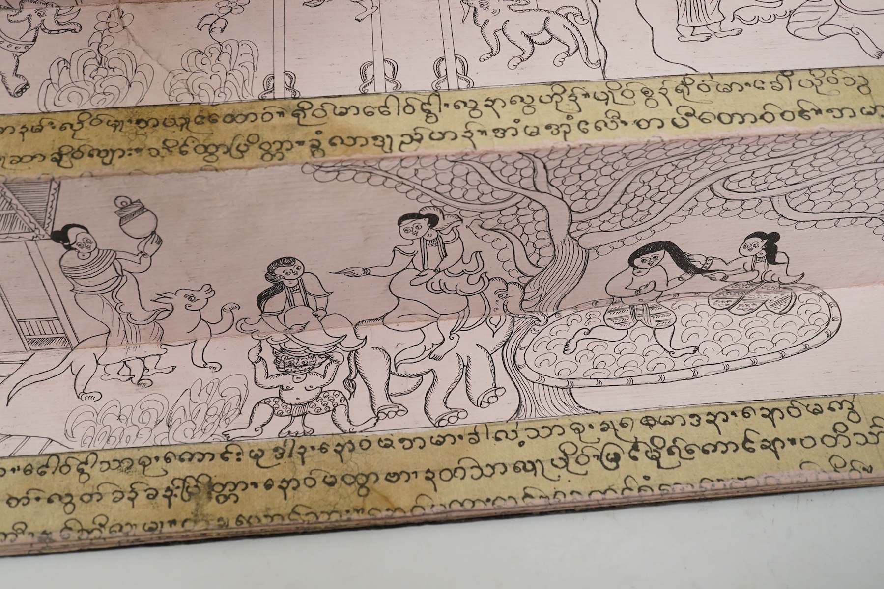 A Burmese Buddhist folding sutra with painted decoration, 40cm wide. Condition - fair